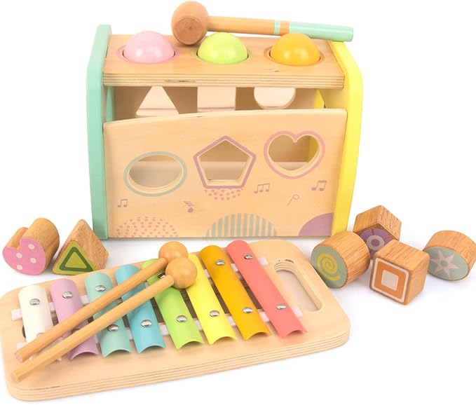 Hammering Pounding Toys Wooden Educational Toy Xylophone Shape Sorter, Birthday Gift for 3 Years Boys Girls Baby Toddler Kids Developmental Montessori Learning Toy (Yellow)