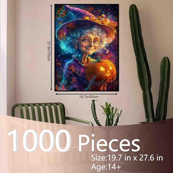 Grandma Witch Holding Pumpkin Lantern in Cosmic 1000 Piece Jigsaw Puzzle for Adults Students 20×27 Inches Halloween Magic Puzzle with Stars and Galaxy Background Unique Fantasy Gift for Home Decor