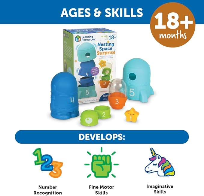 Learning Resources Nesting Space Surprise, Preschool Learning Activities, Fine Motor Skills, Montessori Preschool Toys, Space Toys, Ages 18 Months+, 9 Pieces