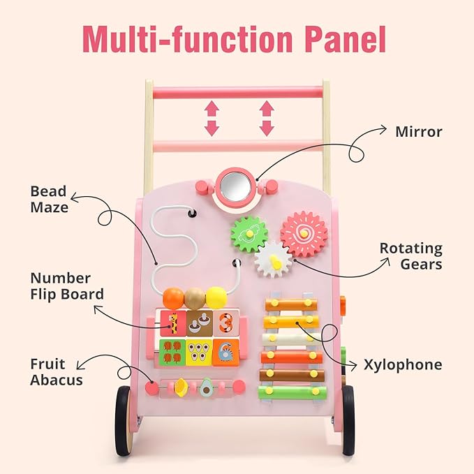 CUTE STONE Wooden Baby Walker, Montessori-Style Push Walker with Activity Center, Adjustable Height, Push Toys for Toddler Development, First Birthday Gift for Kids Pink