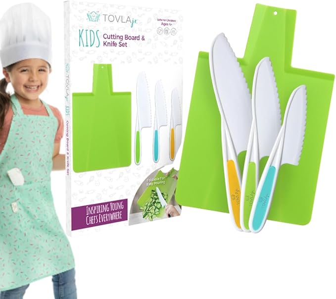 TOVLA JR. Toddler Montessori Kitchen Knife and Cutting Board Set – Safe, Kid-Sized Tools for Real Cooking – Ages 3+ Life Skills and Hands-On Prep