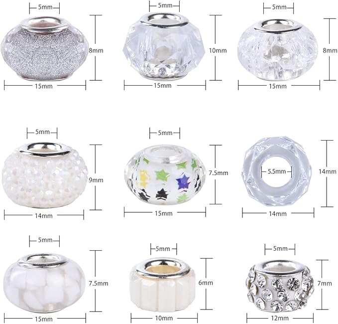 Aipridy Assortment European Large Hole Beads Spacer Beads Rhinestone Craft Beads for DIY Charms Bracelet Jewelry Making (Blue-Red-White)