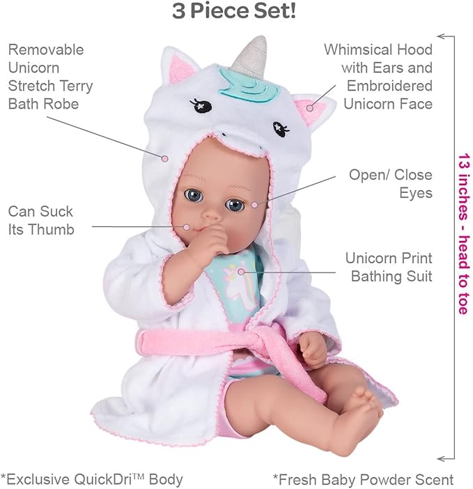 Adora Bath Time Babies 13 Inch Baby Doll, Fresh Powder Scent, QuickDri Vinyl Body, Includes Clothes Set, Gift for Toddlers Ages 1 Year and Up - Unicorn