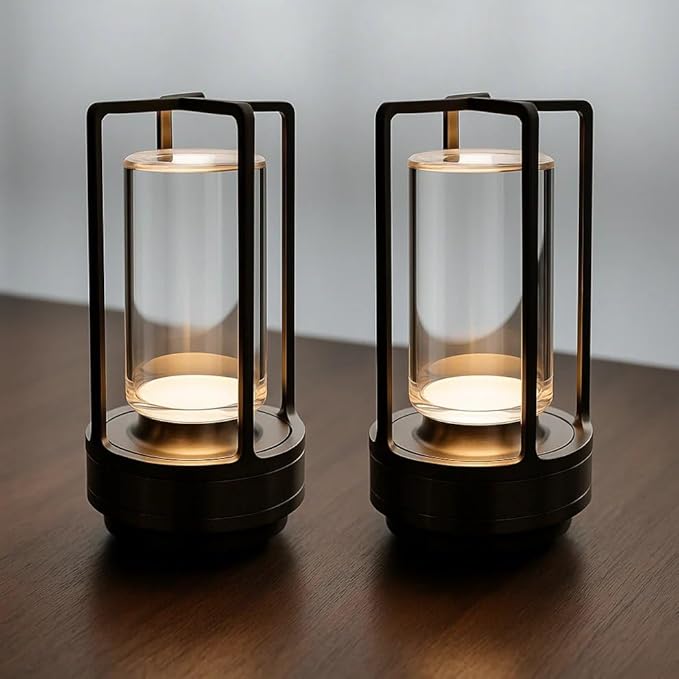 Klarako Crystal Lantern Lamp – Modern Cordless Rechargeable Bedside & Outdoor Light, Portable Wireless Lamp – Dimmable Touch Control – Luxury Living Room & Hotel-Style Lighting (Black, 2-Pack)