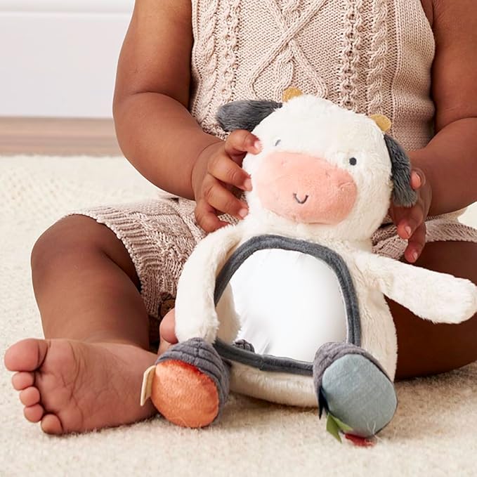 Itzy Ritzy Sensory Tummy Time Toy Mirror - Features Crinkle & Jingle Sounds, Multiple Textures and Mirror for Self-Discovery, Infant Toy for Ages 0 Months and Up, Cow