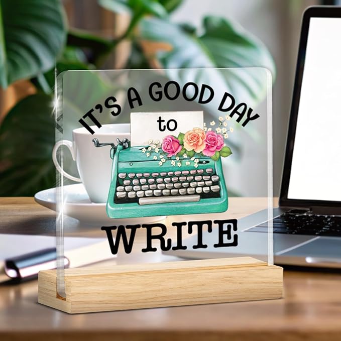 Writer Gifts for Women, Funny Gifts for Writers Authors Typewriter Novelist, It's a Good Day to Write Acrylic Plaque Sign with Wooden Stand Home Office Decor