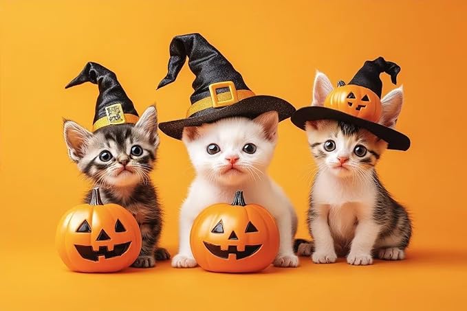 Kittens and Pumpkins - Adult Wizard Hat Halloween 300 Pieces Adult Puzzle - Challenging Family Activities