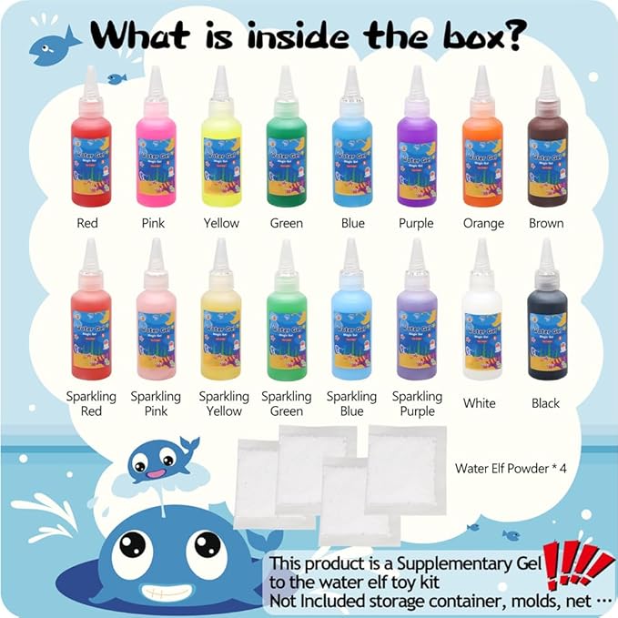 Nikolle Magic Water Elf Powder Refill, Water Gel Kit Refill with 16 Colors (Among Them 6 Sparkling Magic Gel)