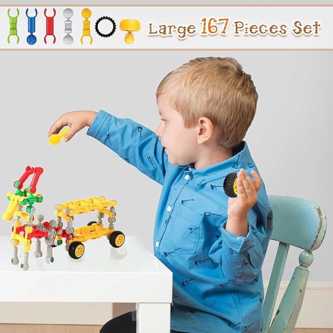 Stem Building Blocks Set - 167 Pcs With Wheels - Ideal for 5 Year Old Boys and Girls - Educational and Creative Building Games