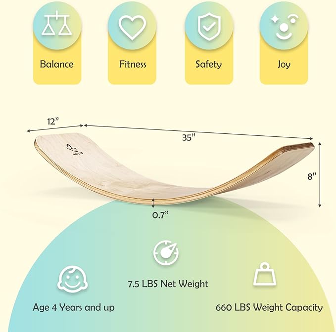 Goplus Wobble Board, 35Inch Wooden Balance Board for Kids & Adults Support 660LBS, Toddler Open-Ended Learning Toy Yoga Curvy Rocker Board for Balance Training, Home Exercise (12 INCH Width)