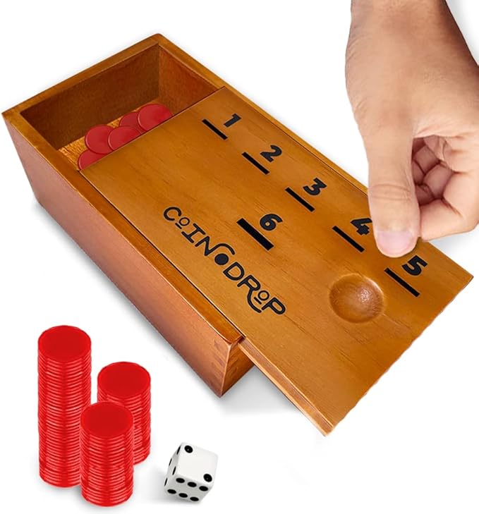 SWOOC Games - Coin Drop™ | Simple + Strategic Dice Games for Families with Coins Included for 2-6 Players | Works W/Pennies Too | Get Rid of Coins to Win | Board Games for Kids | Penny Game Wood Box