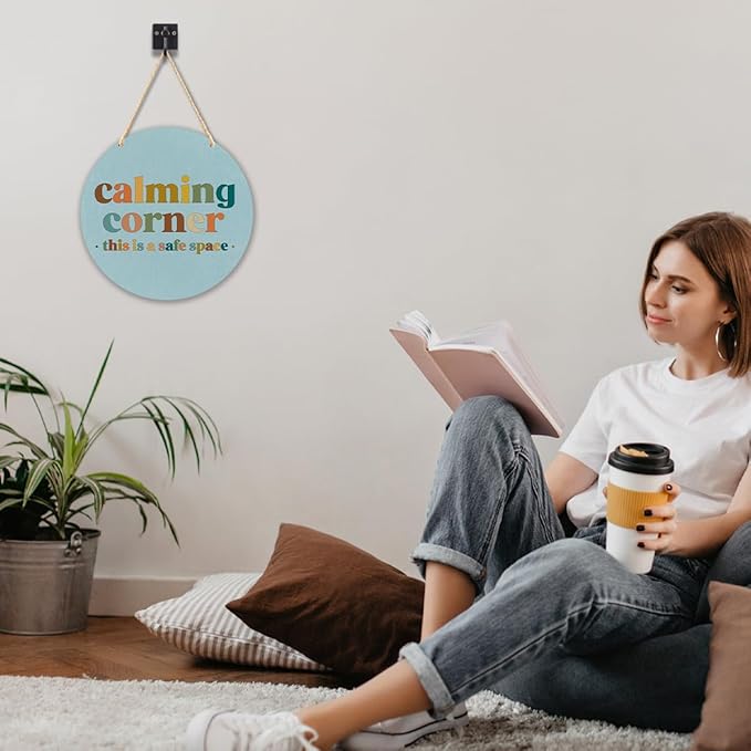 Calming Corner Hanging Wood Sign - Safe Space, Classroom, Office Decor - Boho Style, 10x8 Round Blue
