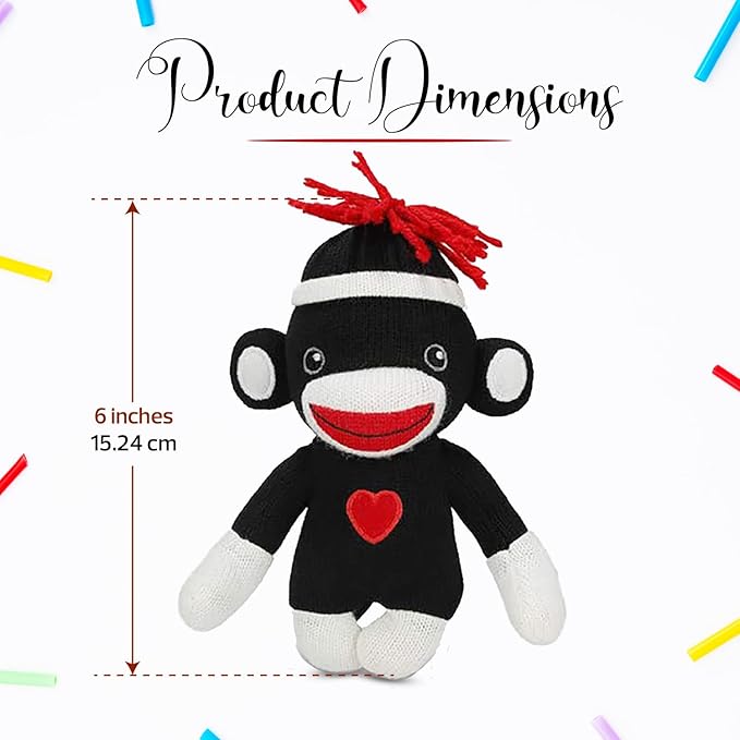 Adorable Sock Monkey 6 Inches, The Original Traditional Hand Knitted Stuffed Animal Toy Gift-for Kids, Babies, Teens, Girls and Boys Baby Doll Present Puppet (Black)