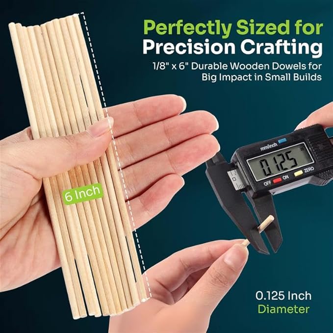 Mart Cobra Wooden Dowel Rods - 200 Pack– 1/8" x 6" Precut Birch Hardwood Dowels, Craft Sticks – Smooth, Food Safe – Small Wood Rods for Art, Crafting, Modeling, Centerpieces, Lollipop Sticks for Craft