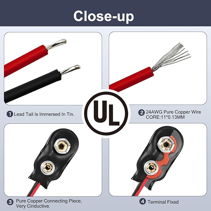 CHANZON UL Wire 9V Battery I-Type Power Supply with Center Positive 2.1mm x 5.5mm Male DC Connector Holder Clip Converter, 5 Pack for Arduino, LED Strip