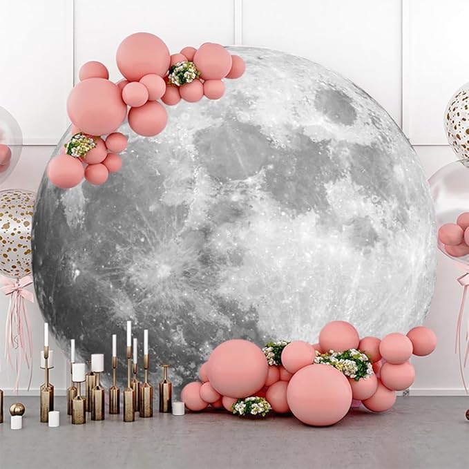 AOFOTO Lunar Surface Round Backdrop Outer Space Moon Happy Birthday Circle Background Cover Boy Girl 1st Birthday Party Children Kids Shoots Studio Props Network Celebrity Live Background 7.2x7.2ft