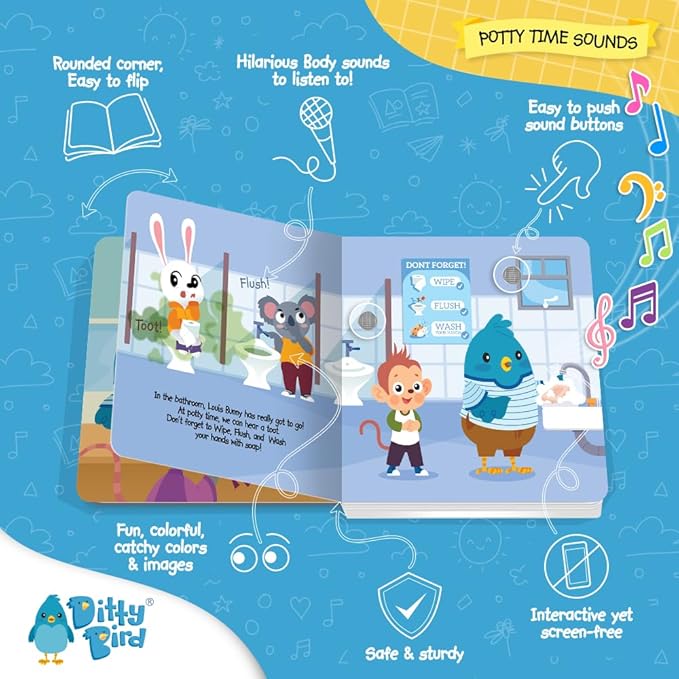 DITTY BIRD Board Books for Toddlers 1-3 | Potty Time Sound Book |Toilet Training Nursery Rhyme Toys | Interactive Toddler Books for 1 Year Old to 3 Year Olds | Baby Sound Books with 12 Sounds