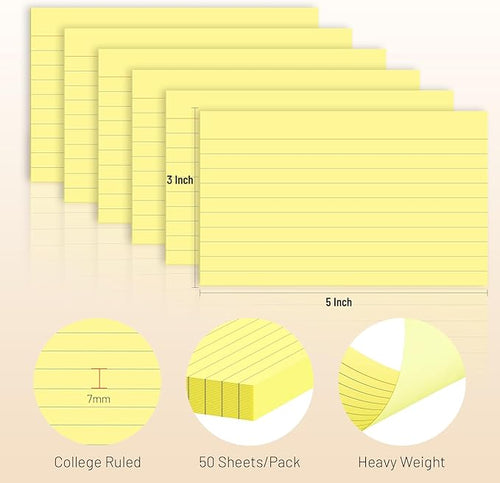 300 Count Index Cards 3 x 5 Inch Ruled Yellow Index Cards, Flash Cards College Ruled for School, College, Office and Home Organization, Durable Study To Do List Note Cards with Ruled Lines