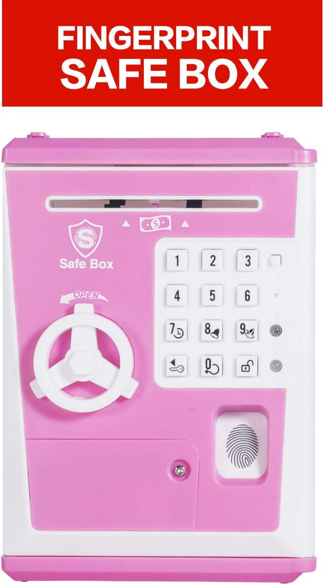 Toy Safe Box, Electronic ATM Piggy Bank, Money Coin Savings Bank, Finger Print Scanner Lock, Great Gift for Children Kids (Pink/White)