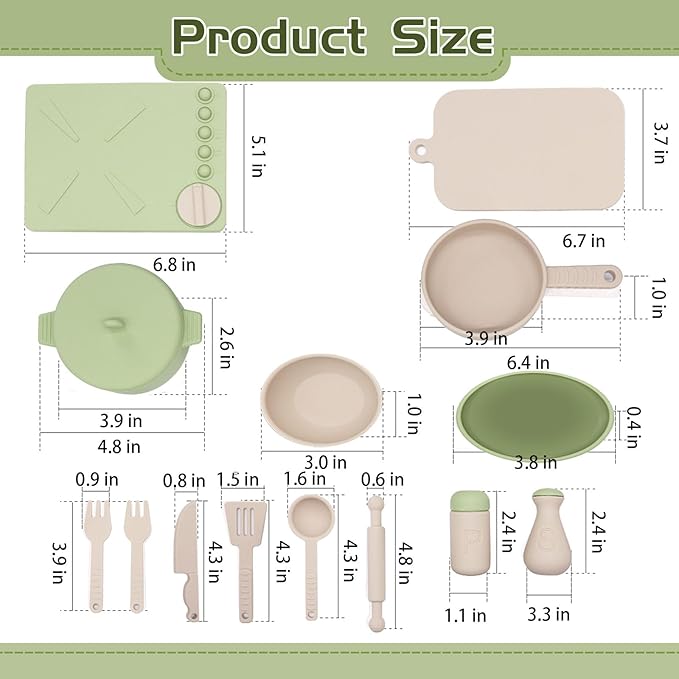 Play Kitchen Accessories, Silicone Pretend Play Kitchen Toys Set, Play Kitchen Pots and Pans Set for Kids, Learning Education Cooking Toys for Girls and Boys(Green)