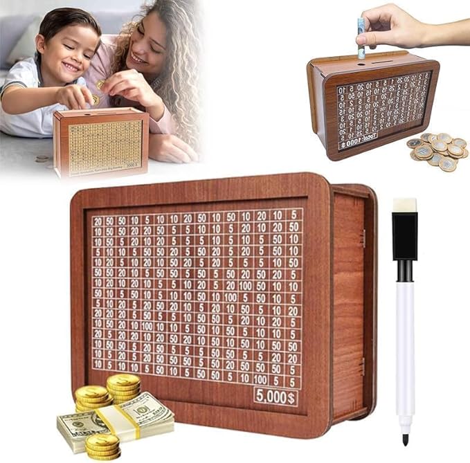 Wooden Coin Bank Money Saving Box, Cash Vault Wooden Savings Box, Wooden Digital Piggy Bank with Counting Target, Money Vault Savings for Boys and Girls (5000 Savings Challenge Box)