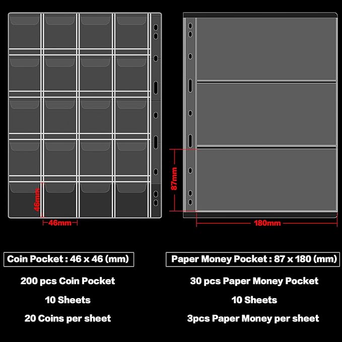 Coin Collection Book Holder for Collectors, 200 Pockets Coins Collecting Album & 30 Sleeves Paper Money Display Storage Case for Currency Collection Supplies (200+30 paper money binder)-Grey