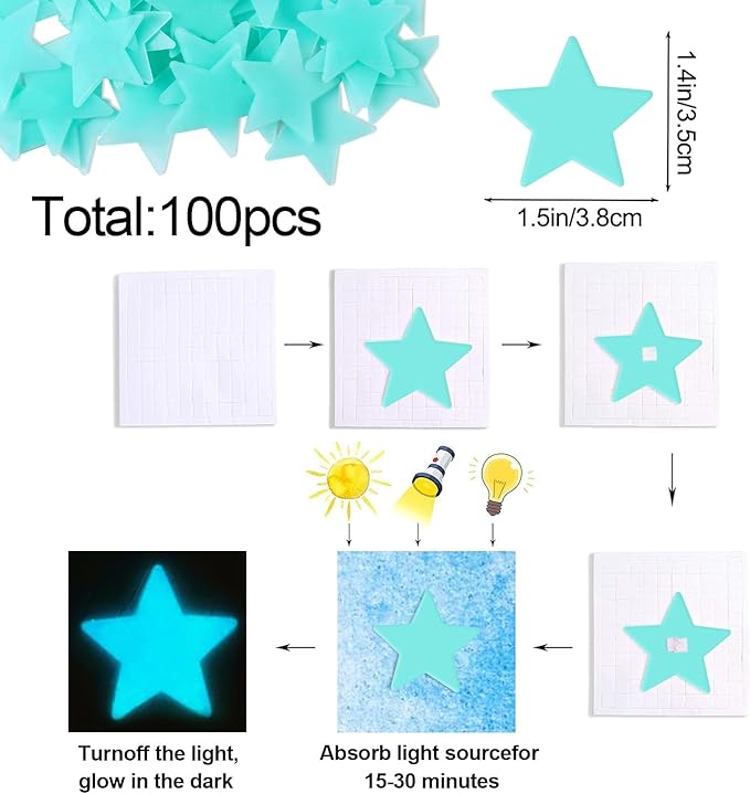 AM AMAONM 100 Pcs Blue Glow in The Dark Luminous Stars Fluorescent Noctilucent Plastic Wall Stickers Murals Decals for Home Art Decor Ceiling Wall Decorate Kids Babys Bedroom Room Decorations
