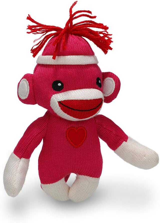 Plushland Adorable Sock Monkey, The Original Traditional Hand Knitted Hot Pink Stuffed Animal Toy Gift-for Girls and Boys Baby Doll Present Puppet 6 Inches