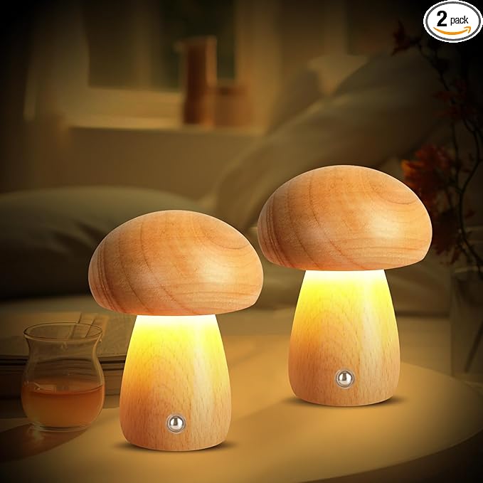 2 PCS Small Wooden Mushroom Lamp, Portable Cordless Rechargeable LED Touch Dimming Night Light, Perfect for Kids' Bedrooms, Nurseries & Gifts for Women, Natural Brown Finish