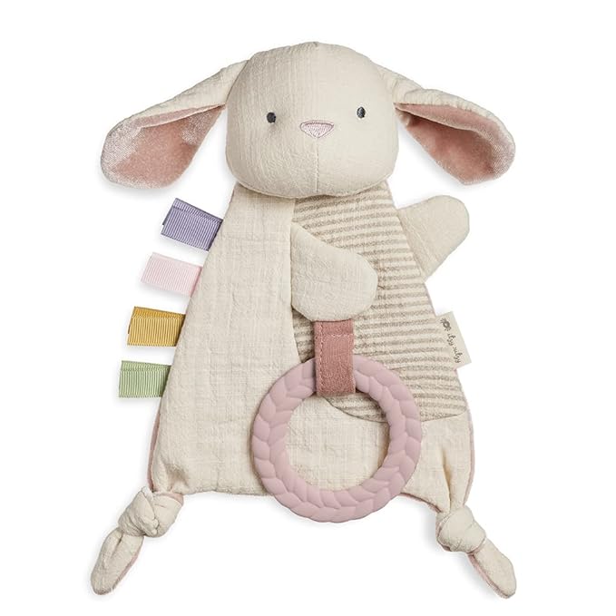 Itzy Ritzy - Bitzy Crinkle Sensory Toy Bunny with Crinkle Sound for Babies & Toddlers - Features Soft Braided Teething Ring & Textured Ribbons, Designed for Ages 0 Months and Up, Bunny