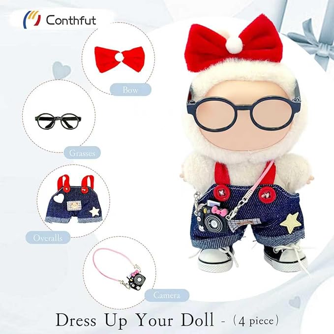 Overalls Doll Clothes,17cm/15cm Dolls Outfit Set,Stylish Clothes Set Dress Up (No Doll) (Blue Overalls Suit+Bow)