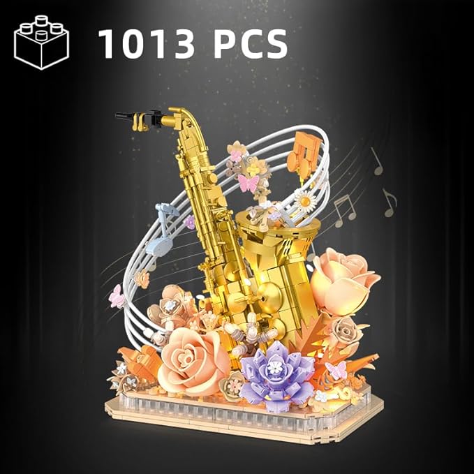 Mini Building Blocks Sets Flower Saxophone - 1000+PCS Musical Instrument Micro Building Bricks Kit Toy - Creative Ideals, Collectible Architecture Decoration, Gift for Adults(Saxophone Flower)
