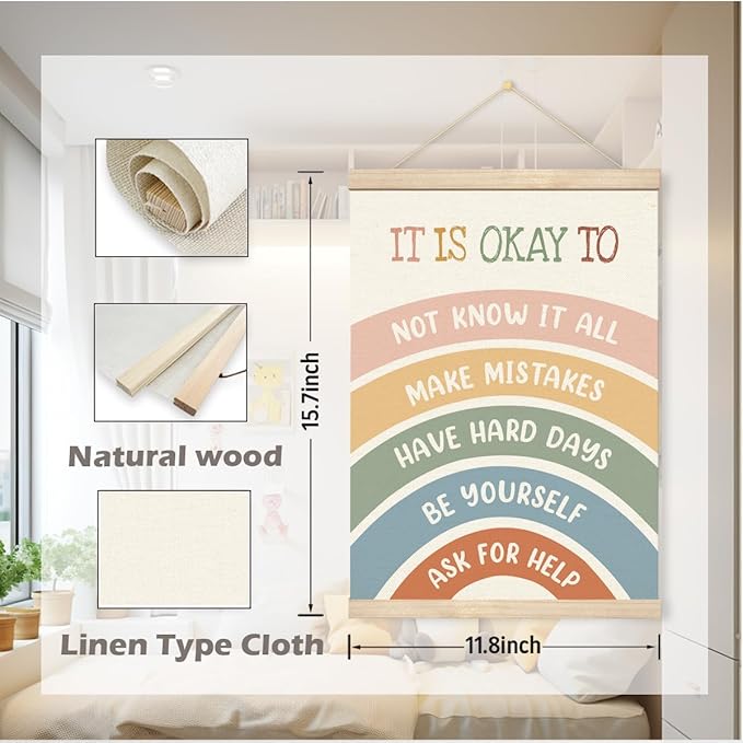 Inspirational Wall Art, Canvas Poster Hanger for Wall, Motivational Quotes Posters, Canvas Wood Hanging Banner, Mental Health Decor Art for Calm Down Corner, School Counselor Office Hanging Decor