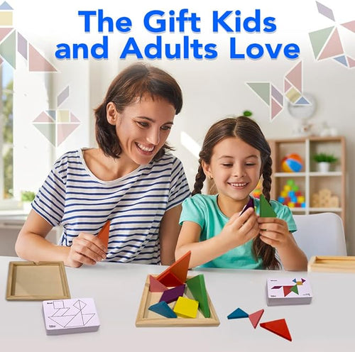 3 Bees & Me 2 Wooden Tangram Shapes Puzzle Toys with 52 Pattern Cards for Kids and Adults - Montessori Wood Toy, STEM Shape Puzzles Manipulatives Games, Educational Tangrams for Kids