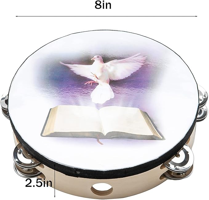 Musfunny 8 inch Dove Bible Double Row Jingle Tambourine for Adults,Handbell Clap Drum Tambourine for Pray Church Party Musical Instrument