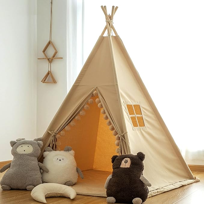 Teepee for Kids Tent Indoor with Floor Mat,Carry Bag,Banner,Play Cottage with Star Light, Cotton Canvas Kids Teepee Tent for Girls & Boys, Pompom Ball Design, Foldable Teepee Tent