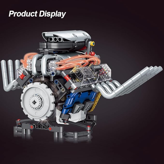 39005 V8 Engine Model Kit, Runnable, Build Your own STEM Visible Mini V8 Engine Model Kit with Lights, Adult and Adolescent Physics Science Experiment Building Block Set (665 Pcs)