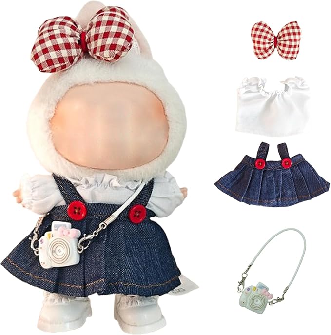 17cm Clothes Set, Cute Hat Unique Pocket Design Overalls Dress up Set(NO Doll), Handmade Clothing Designed for 17cm Doll(Denim Blue)
