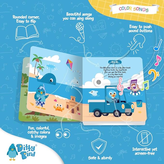 Ditty Bird Musical Books Colors Edition | Montessori Toys & Learning Resources | Sensory Toys for Kids | Nursery Rhyme Book, Interactive Toddler Toys for 1 Year Old to 3 Year Olds | Sturdy Baby Book
