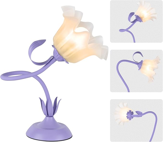 Cute Flower Desk Lamp, 3 Color Temperature Table Lamp with LED Bulb, Vintage Bedside Lamps, Reading Lamps with Soft Light for Bedroom, Living Room（Purple）