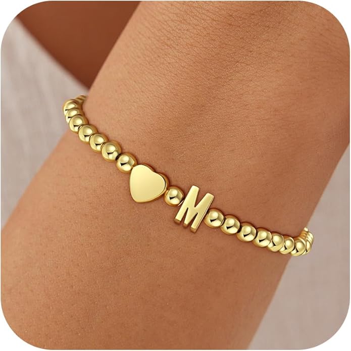 Gold Initial Bracelets for Women Girls - 18K Gold Plated A-Z Heart Initial Bracelet Dainty Beaded Bracelet Gold Bracelets for Women Teen Girl Gifts Trendy Stuff