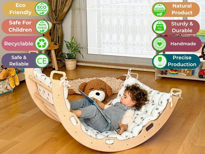Climbing Arch | Montessori Rocker Arch | Arch with Cosy Pillow | Wooden Climbing Arch with Cushion | Wooden Climbing Arch and Rocker | Indoor Playground Cosy Cushion Rocker (Star)