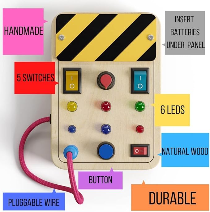 Crown Display Montessori Busy Board for Toddlers - Wooden Sensory Toys for Toddlers - Toys for Autistic Children with LED Light Up Buttons Pluggable Wires Baby Gifts - Educational Learning Fidget Toy