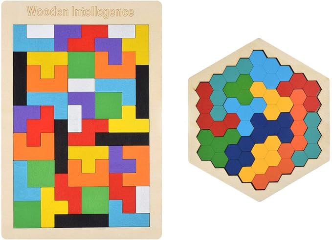 Wooden Puzzle Hexagon Puzzles for Toddlers Tangram Jigsaw Puzzle, Montessori Educational Gift for Kids & Adults