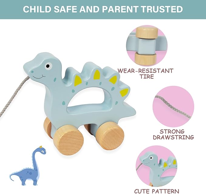 Baby Toys Car,Wooden Pull Along Toddler Toy, Developmental Toy for 1 Year Old Girl Boy Birthday Gift (Dinosaur)