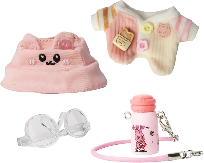 15cm Dolls Clothes, Cute Chic Series for 15cm Dolls(NO Doll), 4 Piece Doll Outfit with Accessories-Pink Baby Rompers + Rabbit hat + Small Water Bottle + Transparent Glasses