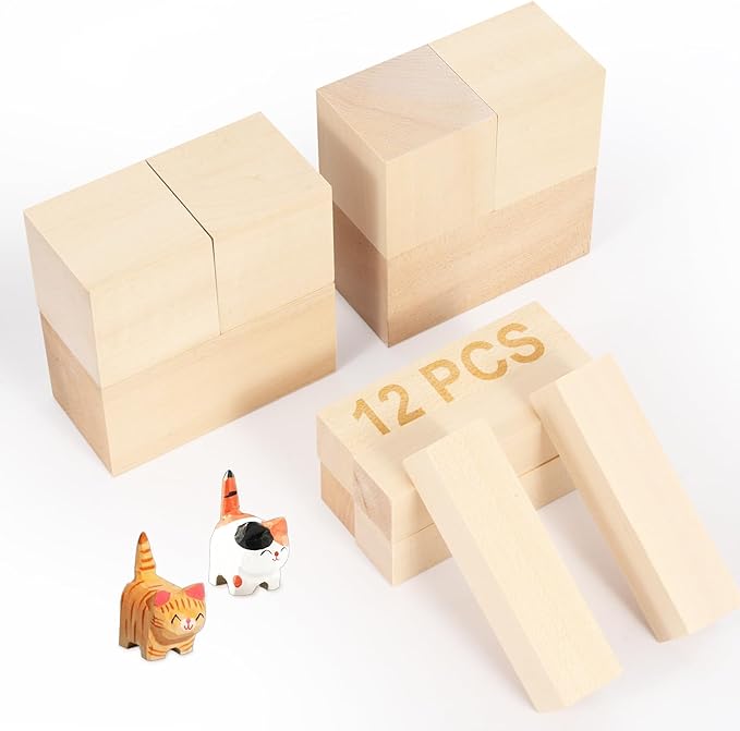 Claities 12 Pcs Basswood Carving Blocks Set, 3 Different Sizes (2x2x2, 4x1x1, 4x2x2 Inch) for Wood Carving Crafts