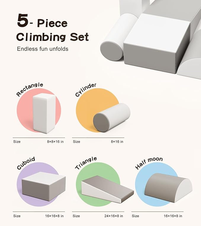 5-Piece Climb and Crawl Activity Play Set, Soft Foam Climbing Blocks for Toddlers with Wipe-Clean PU Leather, Anti-Slip Climbing Toys for Toddlers Inside for All-Around Development, Gray & White