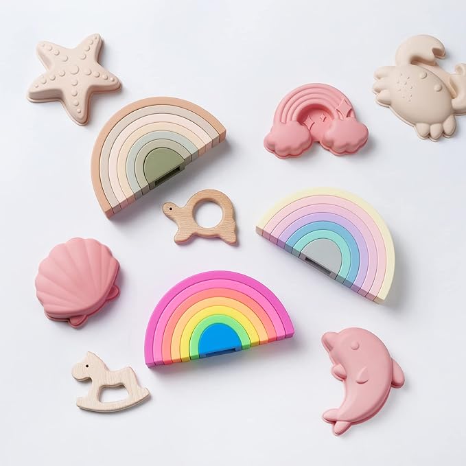 MCGMITT Rainbow Stacking Toy, Silicone Rainbow Stacker for Toddlers, Montessori Nesting Blocks, Building Creative Color Shape Matching Toy Set, 7 Layers (Brown)