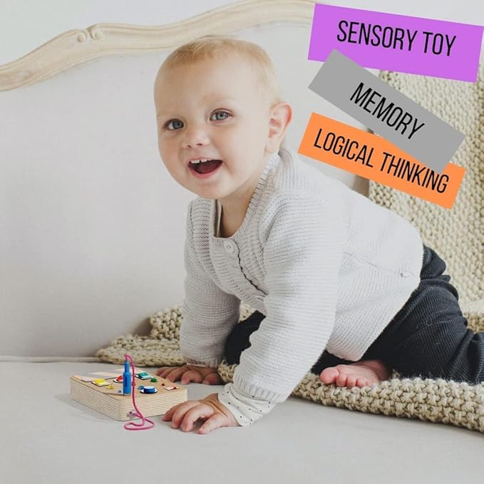 Crown Display Montessori Busy Board for Toddlers - Wooden Sensory Toys for Toddlers - Toys for Autistic Children with LED Light Up Buttons Pluggable Wires Baby Gifts - Educational Learning Fidget Toy